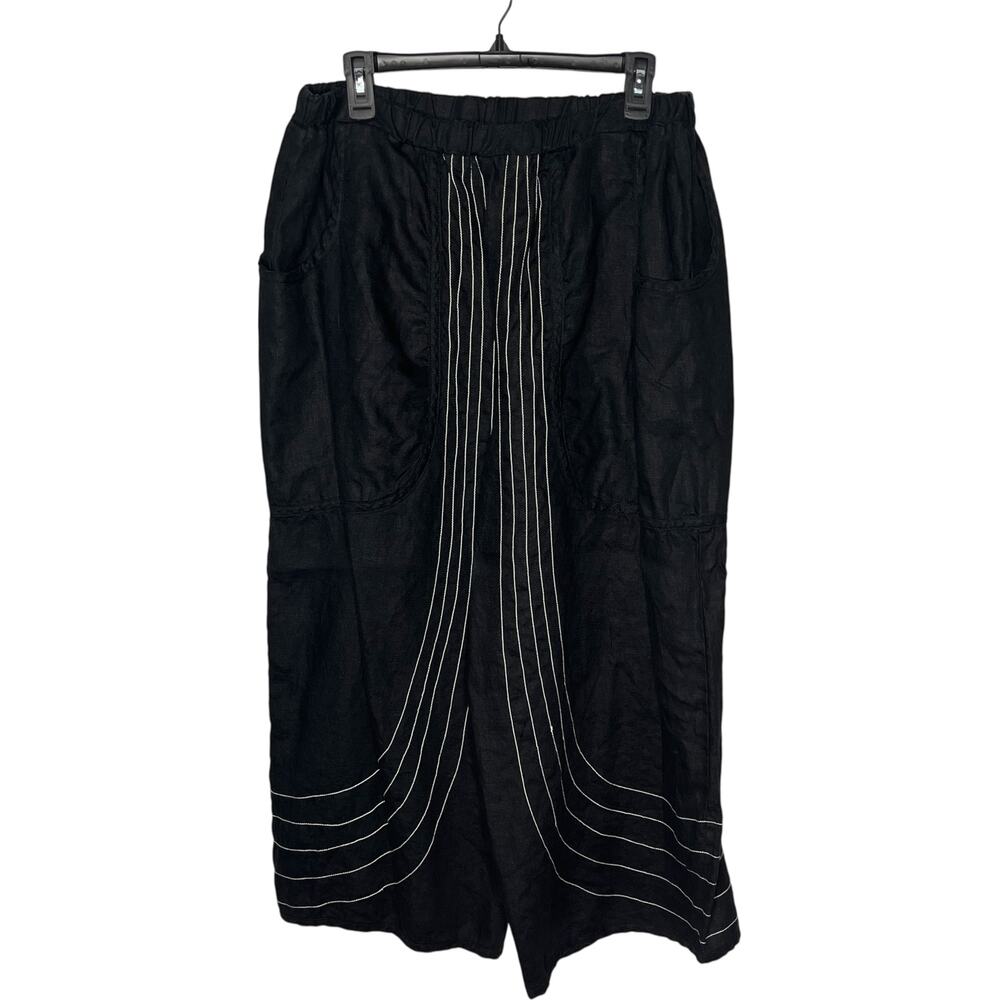 Cynthia Ashby Blouse and Pant Matching Set Womens L Black Linen USA Lagenlook - Picture 3 of 13